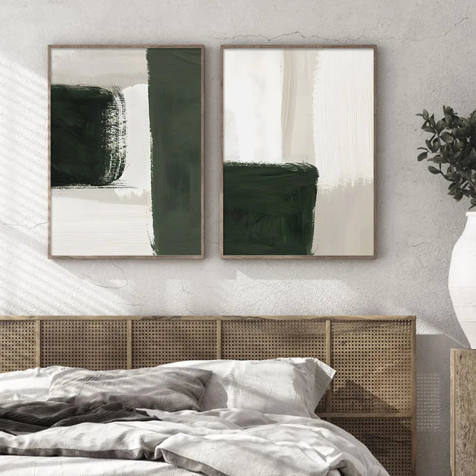 Modern Abstract Green Beige White Brushstroke Canvas Prints Nordic Wall Art for Modern Living Room Home Decor Artwork | Skanto