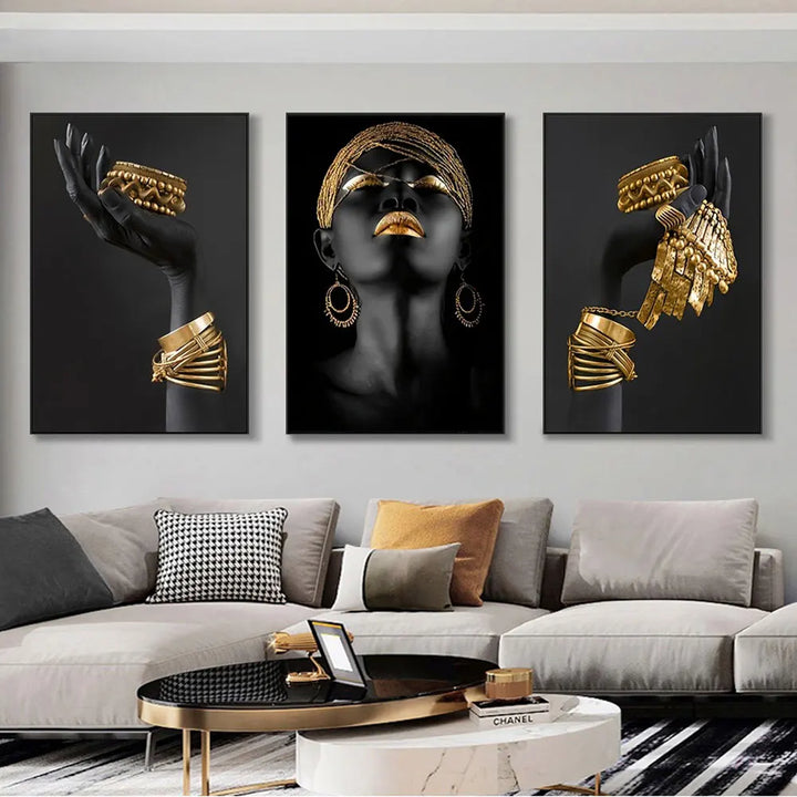 Set of 3 Black Gold Woman Portrait Wall Art Fine Art Canvas Prints Pictures for Luxury Living Room Dining Room Home Office Decor | Skanto
