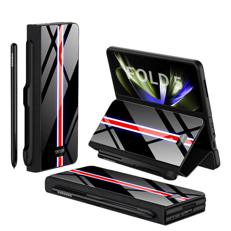 Skanto | Støtbestandig Rustningssak Glassdeksler Stativ Sett Inn Kort Lærsak for Samsung Galaxy Z Fold 5/4