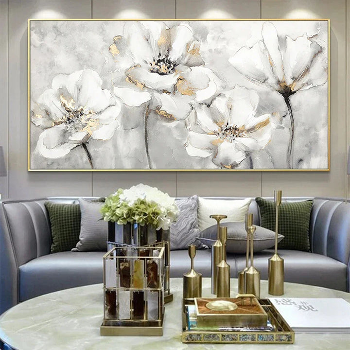 Large White Flower Abstract Wall Art Fine Art Canvas Prints Modern Botanical Pictures For Living Room Hotel Room Bedroom Art Decor | Skanto
