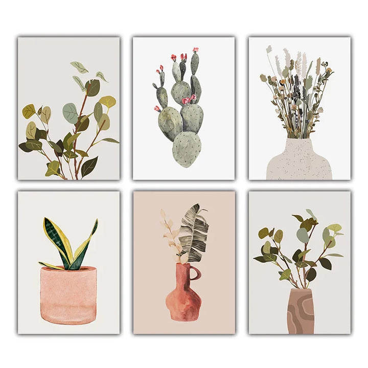 Minimalist Watercolor Cactus Potted Plant Green Leaves Wall Art Fine Art Canvas Prints Pictures for Dining Room Living Room Art Decor | Skanto