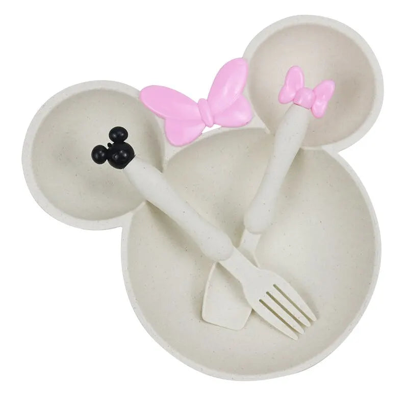 Norvo | 3 stk/set tegneserie baby servise sett: hvetegress barn servise med sløyfe-mat-tallerken, skje, gaffel - barn middag mating tallerken