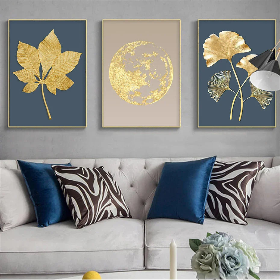 Blue Minimalist Golden Abstract Floral Wall Art Fine Art Canvas Prints Pictures for Luxury Living Room Dining Room Home Office Art Decor | Skanto
