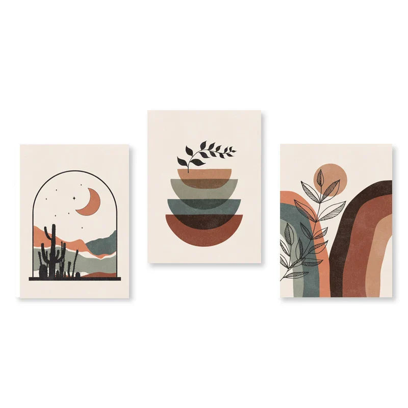 Set of 3 Modern Abstract Bohemian Minimalist Geometric Wall Art Fine Art Canvas Prints Posters Pictures For Living Room Decor | Skanto