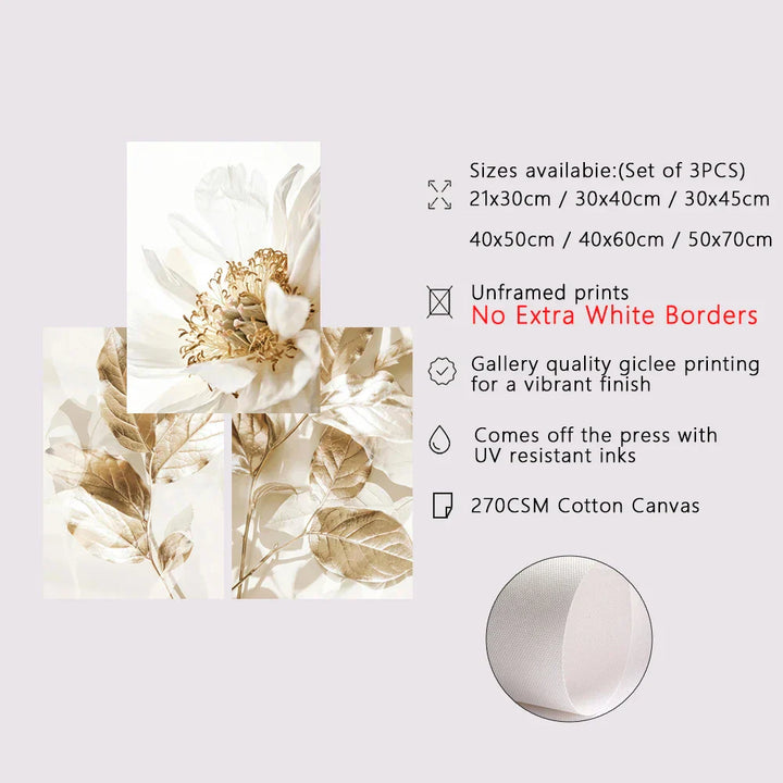 Modern White & Gold Floral Wall Art Fine Art Canvas Prints Pictures for Living Room, Dining Room, Bedroom Art Decor (Set of 3) | Skanto
