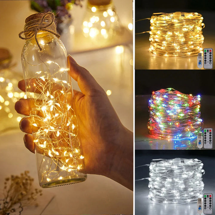 Skanto | LED Feilbelysning LumiCord | USB & Fjernkontroll | 8 Moduser | Varm Hvit | IP65 Vanntett | Kobbertråd | 5–30 m