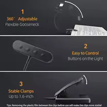 Skanto | Leselampe FlexiRead | USB oppladbar | 3 lysfarger & dimbar | Klem & fleksibel arm