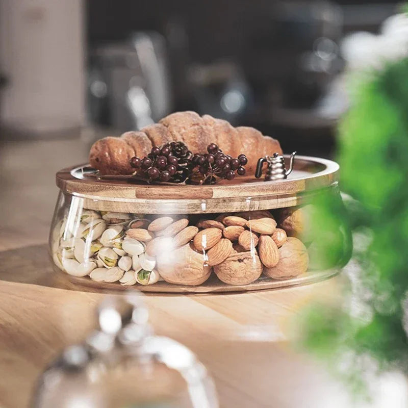 Skanto | Glasskål med treskap – Solid oppbevaringsbolle for snacks og søtsaker