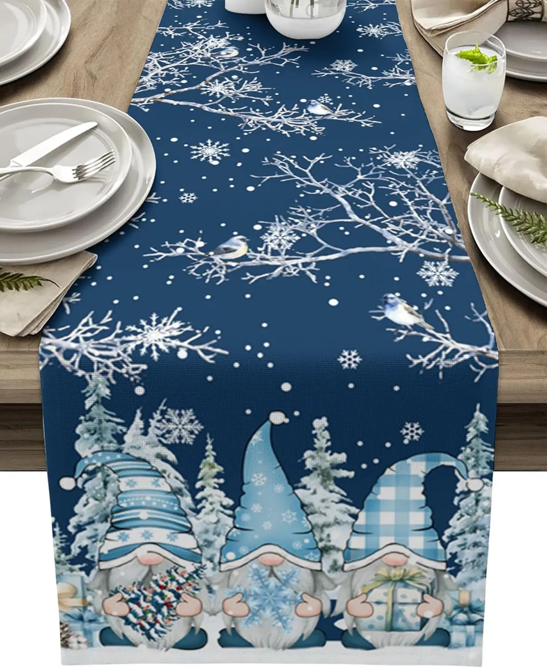 Skanto | SnowGnome Julebordløper – Luxe Linning Bordløper med Snøfnugg og Nisse Design