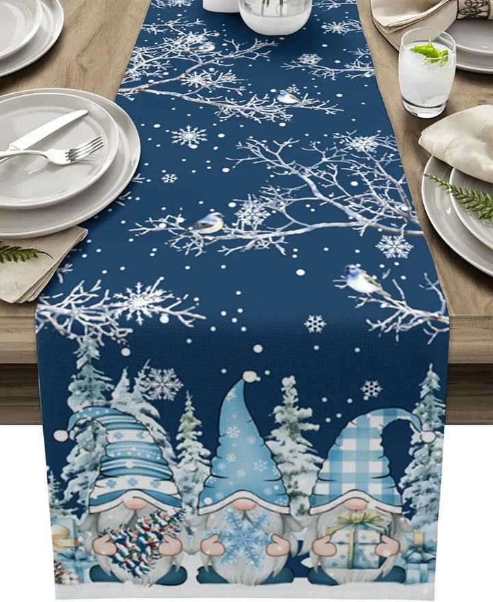 Skanto | SnowGnome Julebordløper – Luxe Linning Bordløper med Snøfnugg og Nisse Design