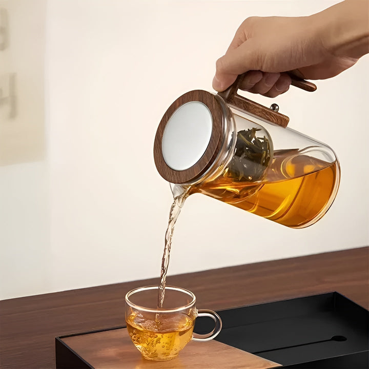Glasstekanne med trehåndtak – filter med ett klikk | Ideell for løs te og Pu-erh-te