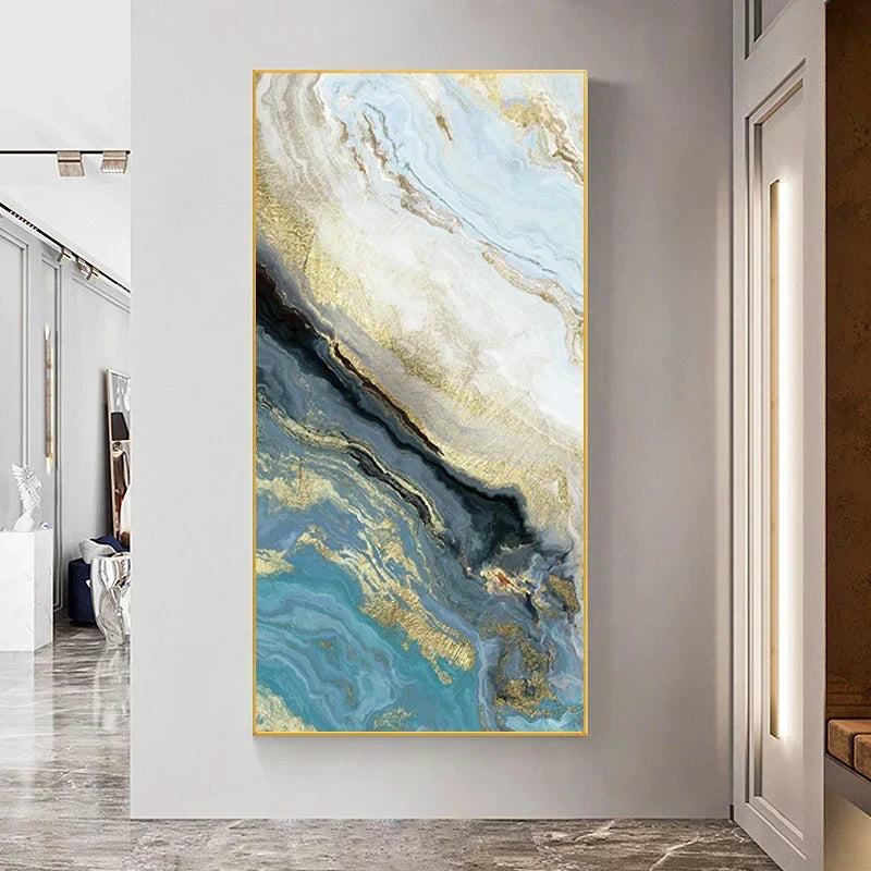 Blue Golden Liquid Marble Essence Wall Art Fine Art Canvas Prints Pictures For Modern Apartment Luxury Living Room Art Decor | Skanto