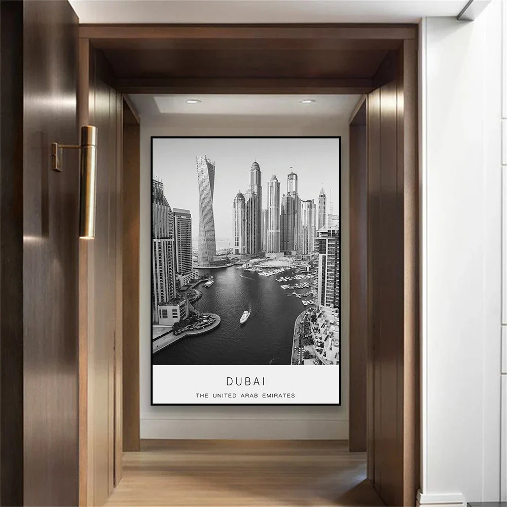 Dubai Skyline Poster International Travel Wall Art Fine Art Canvas Print Black White Pictures For Living Room Dining Room Home Office Art Decor | Skanto