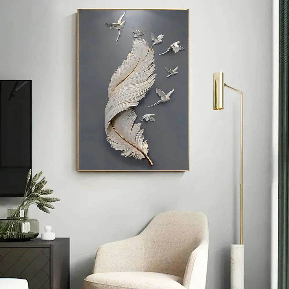 Seven Birds Feather Wall Art Fine Art Canvas Prints 3D Visualization Minimalist Abstract Pictures for Living Room Entrance, Foyer Art Decor | Skanto