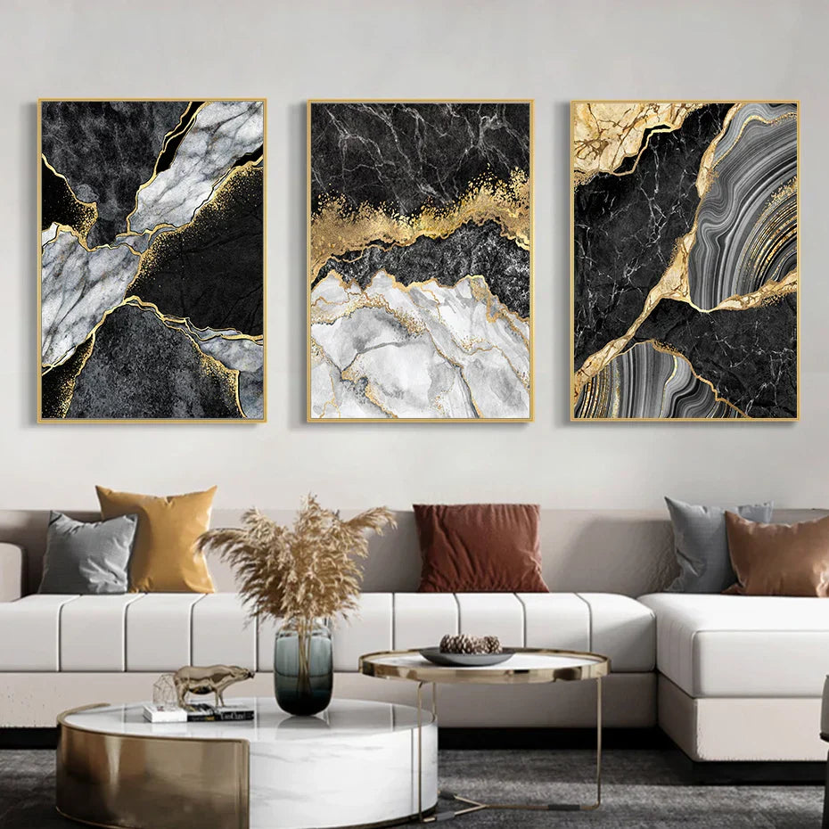 Modern Abstract Black Gray Gold Geode Marble Print Wall Art Fine Art Canvas Print Pictures For Luxury Apartment Living Room Home Office Decor | Skanto