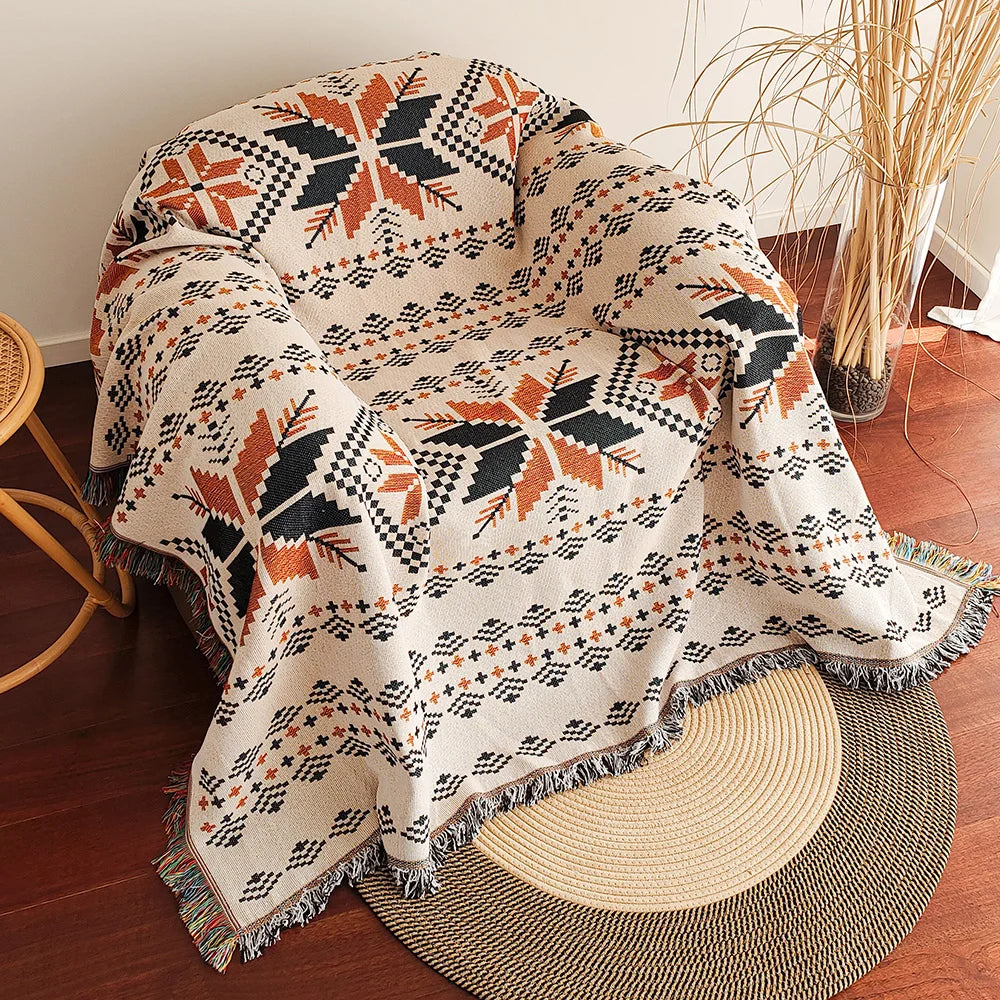 Skanto | AztecaLoom Boho Teppe | XXL Aztec Kaste med Frynser | Southwestern Etno Stil | Vintage Kaste Teppe laget av Bomullsblanding