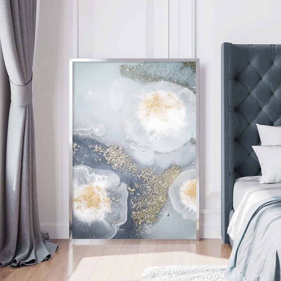 Blue White Golden Abstract Floral Wall Art Fine Art Canvas Prints Poster Picture For Modern Living Room Bedroom Nordic Home Decor | Skanto