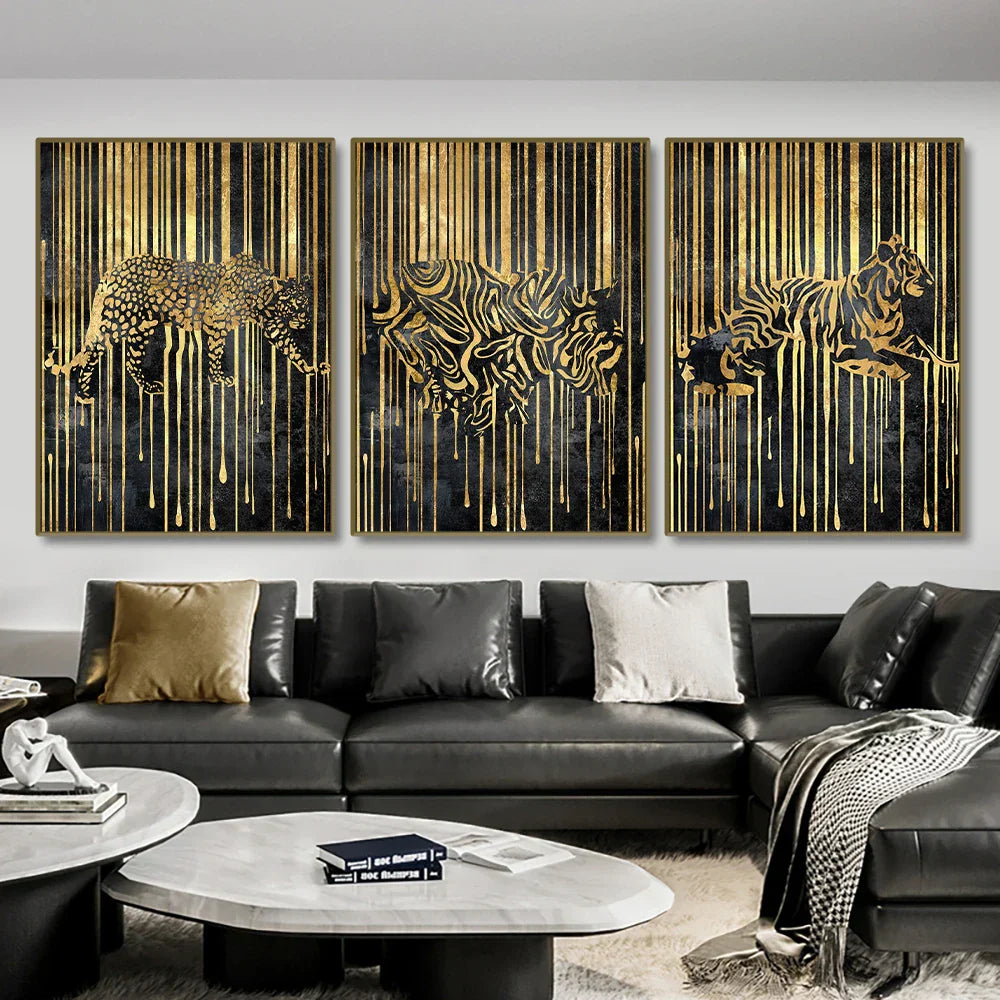 Modern Abstract Golden Zebra Lines Lion Elephant Tiger Wall Art Fine Art Canvas Prints Pictures for Luxury Apartment Living Room Dining Room Art Decor | Skanto