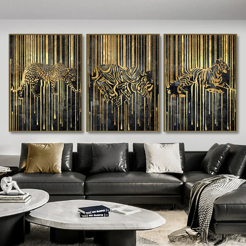 Modern Abstract Golden Zebra Lines Lion Elephant Tiger Wall Art Fine Art Canvas Prints Pictures for Luxury Apartment Living Room Dining Room Art Decor | Skanto