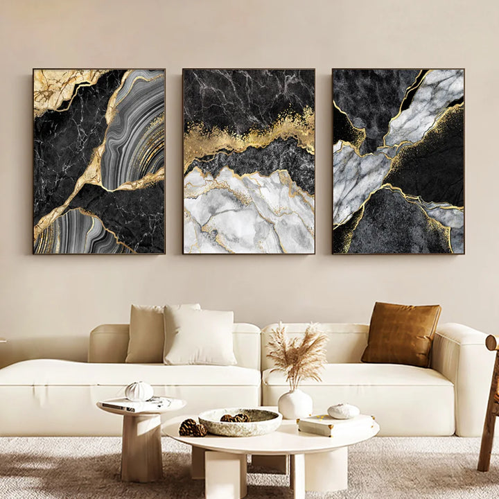 Modern Abstract Black Gray Gold Geode Marble Print Wall Art Fine Art Canvas Print Pictures For Luxury Apartment Living Room Home Office Decor | Skanto
