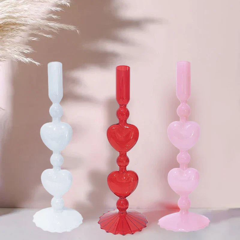 Skanto | Retro Taper Lysestake Rød Hjerteformet Glass Lysestake Bryllup Borddekorasjon Hjem Fest Glass Vase Dekor
