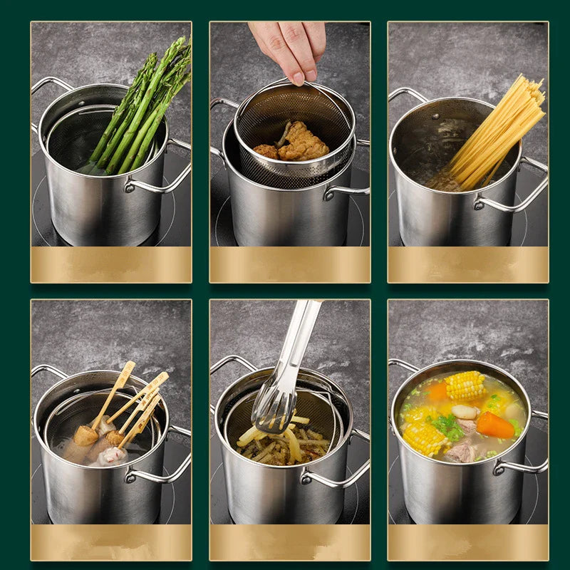 Norvo | Crisplora FryMaster Rustfritt Stål Friteringsgryte 3 L med Sil & Lokk | Tempura Fritøs med Tenger