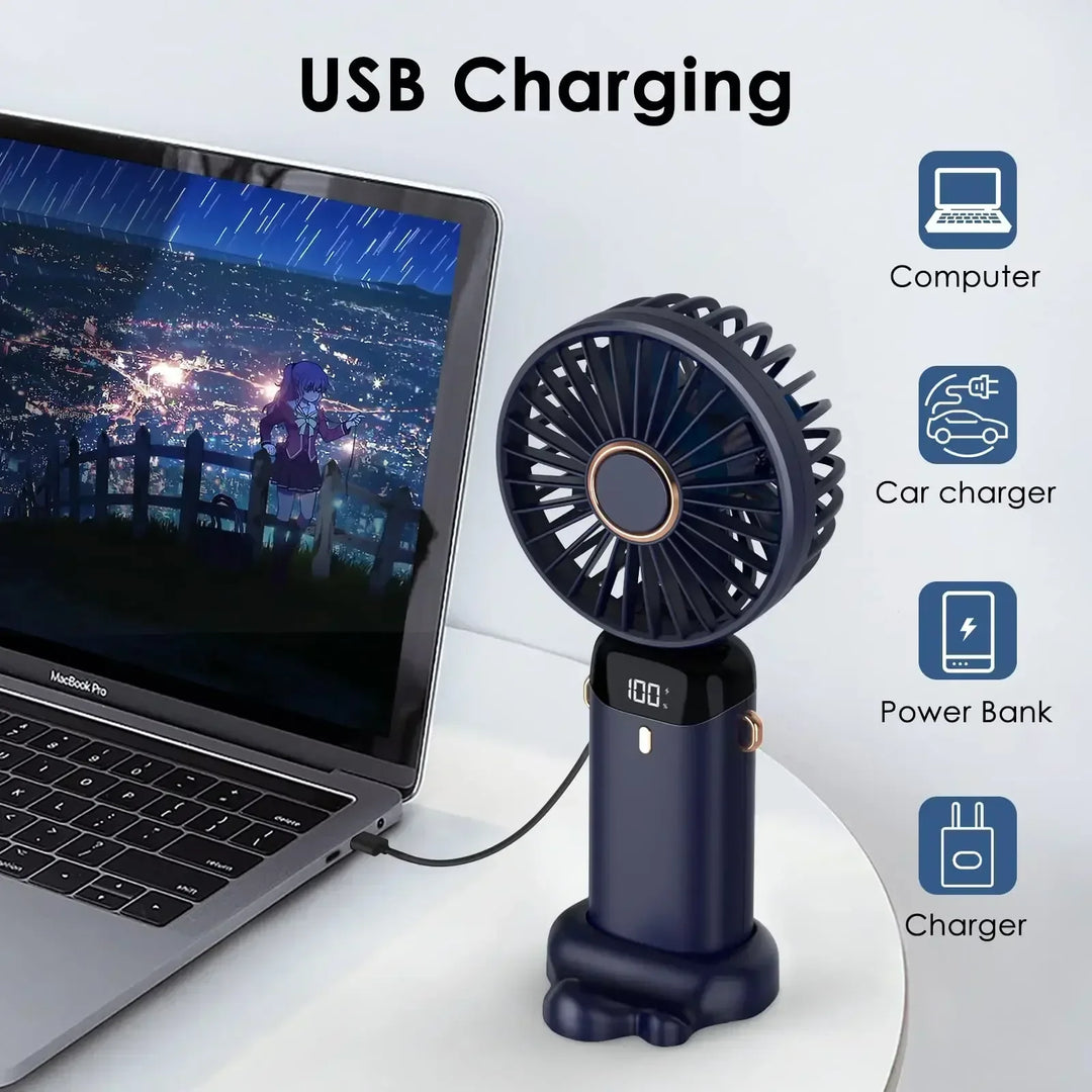 5000mAh Håndholdt Mini Vifte – Trådløs USB Oppladbar Bærbar Vifte med Digital Skjerm, Telefonholder, 5-Hastighets Falt Nakke Hengende Vifte | Skanto