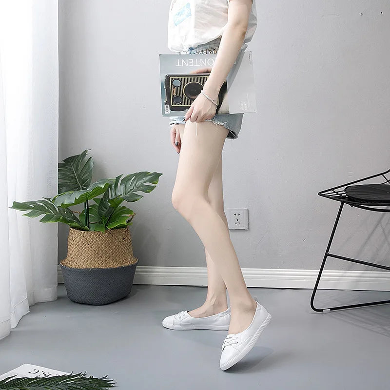 Skanto | 100% Ekte Lær Sko Kvinner Flate Casual Sko Myk Ku skinn Hvite Flats