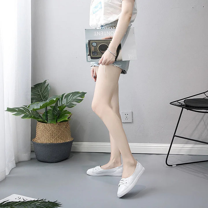 Skanto | 100% Ekte Lær Sko Kvinner Flate Casual Sko Myk Ku skinn Hvite Flats