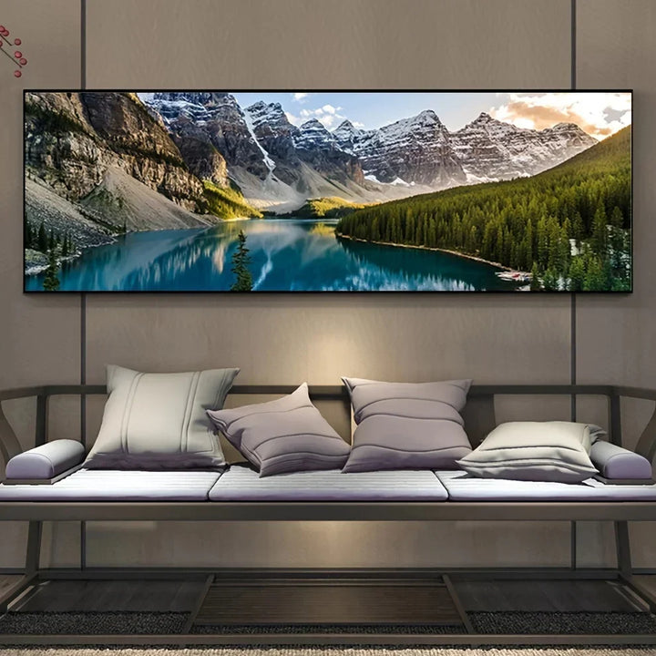 Mountain Lake Forest Wilderness Wall Art Large Format Canvas Prints Wide Landscape Above Sofa or Bed | Skanto