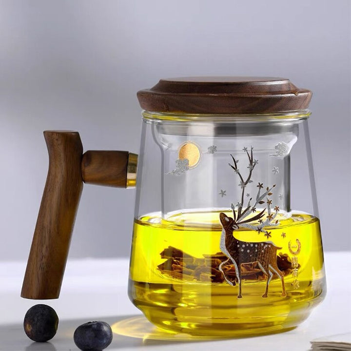 Premium Glass Tea Cup with Filter and Wooden Handle, 470ml | Skanto