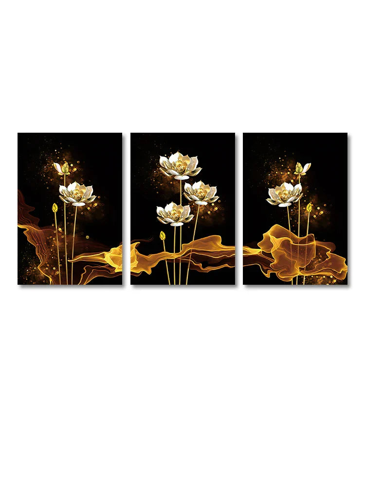 Set of 3PCs White Golden Lotus Exotic Flower Wall Art Fine Art Canvas Prints Exotic Botanical Pictures for Luxurious Living Room Dining Room Bedroom Art Decor | Skanto