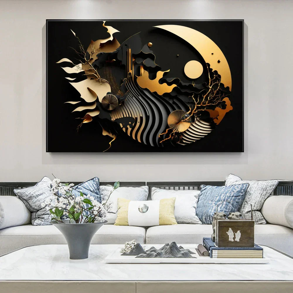 Modern Fluid Geometry Black Gold Abstract Wall Art Fine Art Canvas Prints Pictures For Living Room Dining Room Home Office Decor | Skanto