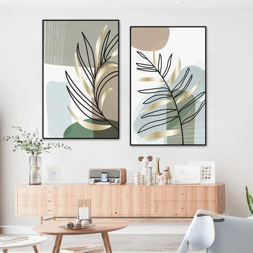 Set av 2PCS Botanisk Abstrakt Linjekunst Blader Veggkunst Fin Kunst Lerrettrykk Enkle Nordiske Bilder For Stue Dekor | Skanto