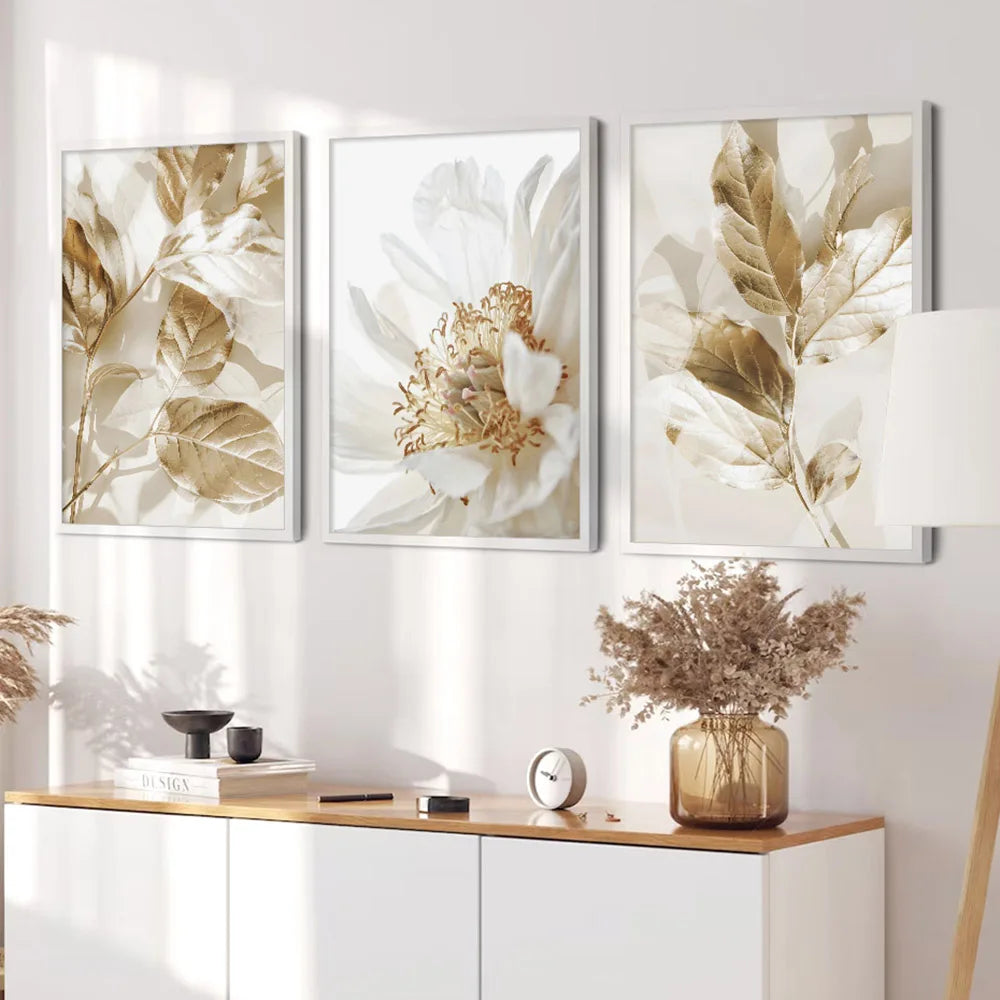 Modern White & Gold Floral Wall Art Fine Art Canvas Prints Pictures for Living Room, Dining Room, Bedroom Art Decor (Set of 3) | Skanto