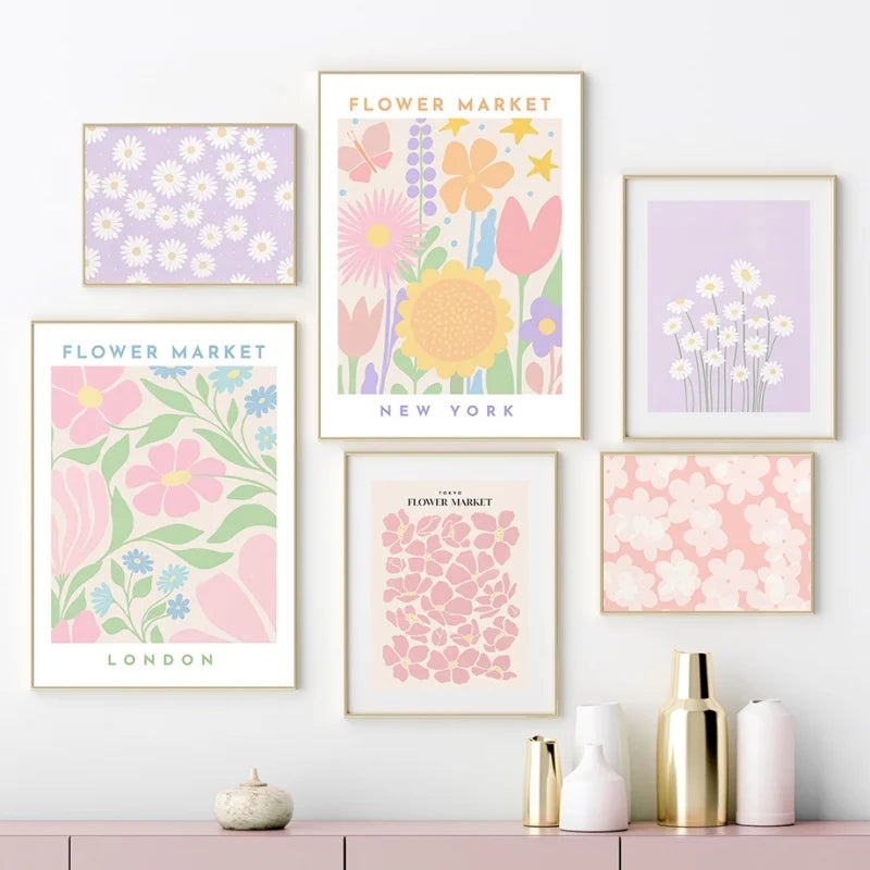 Pink Lavender Daisy Flower Market Posters Wall Art Fine Art Canvas Prints Pastel Floral Pictures For Living Room Bedroom Art Decor | Skanto