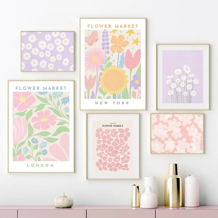 Pink Lavender Daisy Flower Market Posters Wall Art Fine Art Canvas Prints Pastel Floral Pictures For Living Room Bedroom Art Decor | Skanto