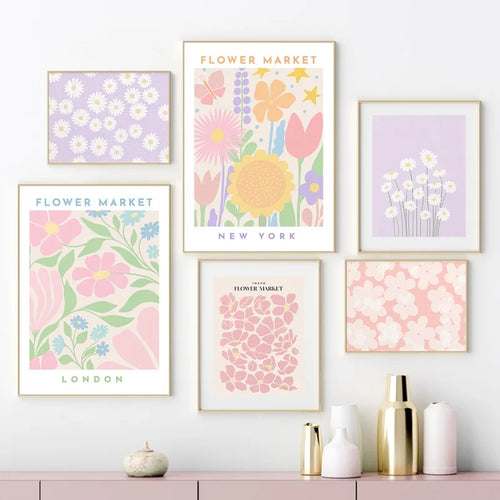 Pink Lavender Daisy Flower Market Posters Wall Art Fine Art Canvas Prints Pastel Floral Pictures For Living Room Bedroom Art Decor | Skanto