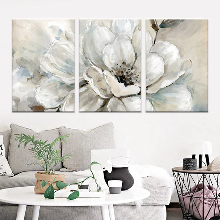 Large Beige White Floral Wall Art Fine Art Canvas Prints Modern Botanical Pictures for Living Room Dining Room Bedroom Art Decor | Skanto