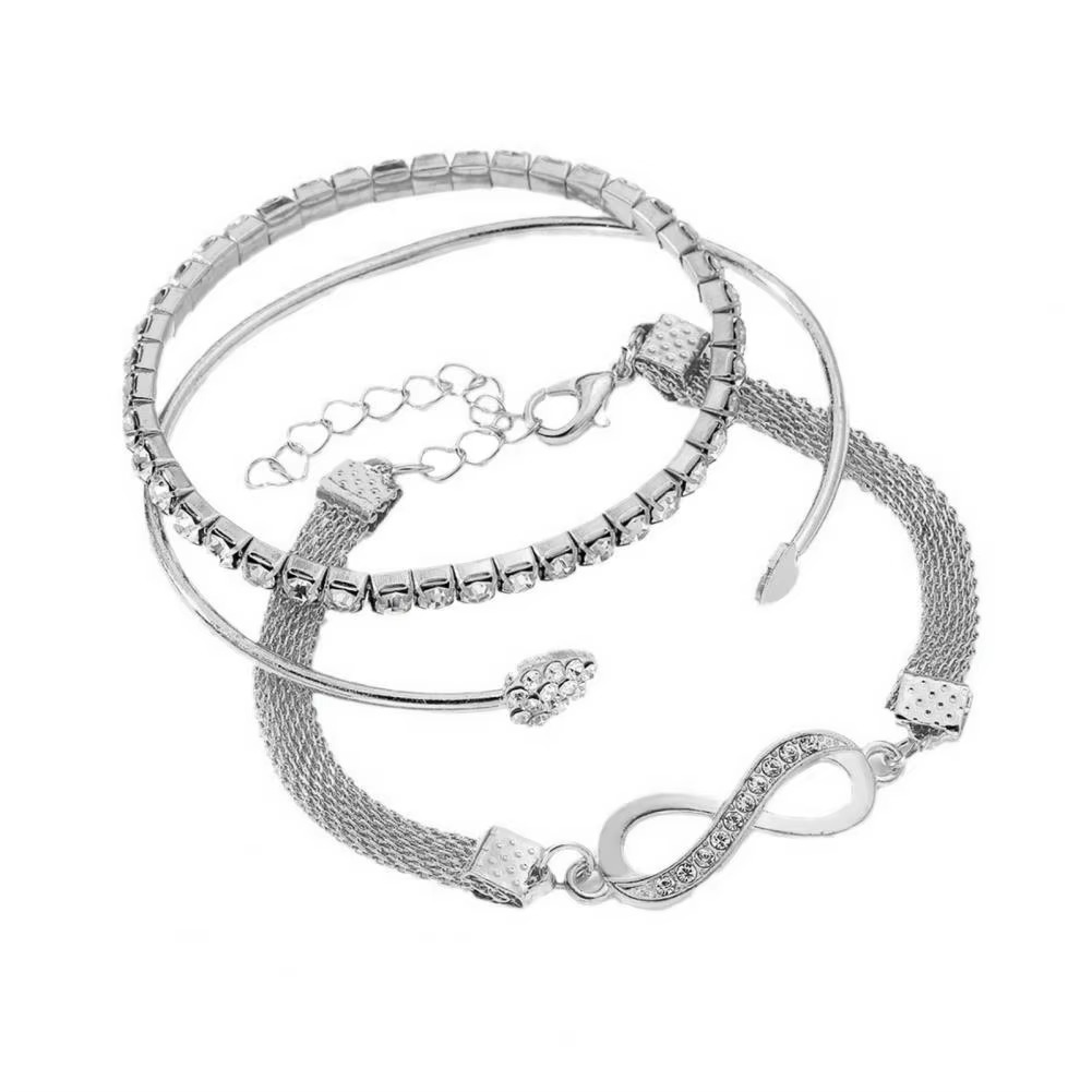 Skanto | Elegant Rhinestone Heart & Infinite Bracelet Set for Women - 3 Pieces