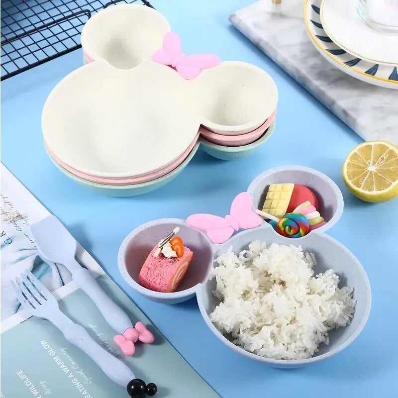 Norvo | 3 stk/set tegneserie baby servise sett: hvetegress barn servise med sløyfe-mat-tallerken, skje, gaffel - barn middag mating tallerken