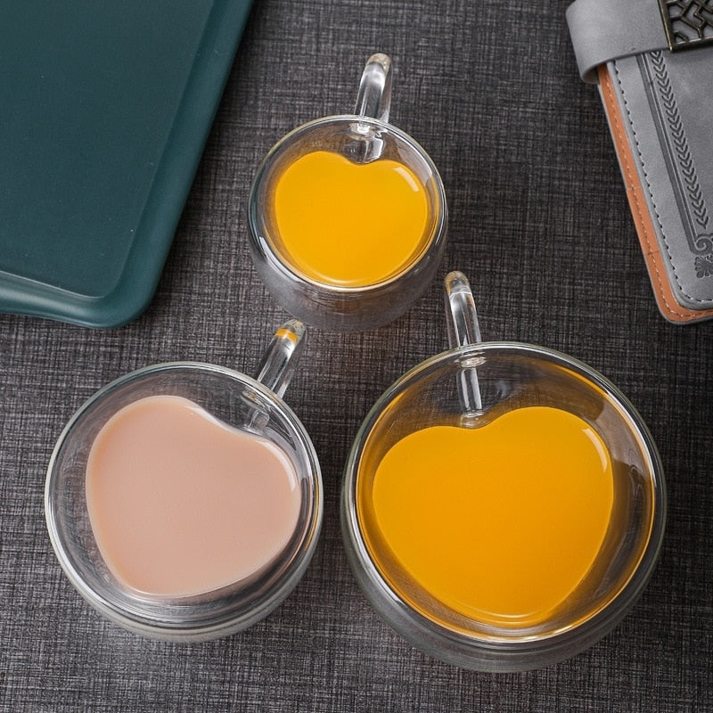 Skanto | Hjerte Kjærlighet Form Glass Krus Dobbeltveggede Kaffe Kopper Isolerte Te Melk Sitron Juice Vann Kop Varmeresistent Drikkeutstyr Elske Gave