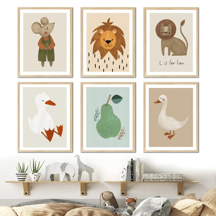 Cute Baby Animals Kids Room Wall Art Illustrations Fine Art Canvas Prints Goose Mouse Lion Polar Bear Posters For Baby Room Wall Decor | Skanto