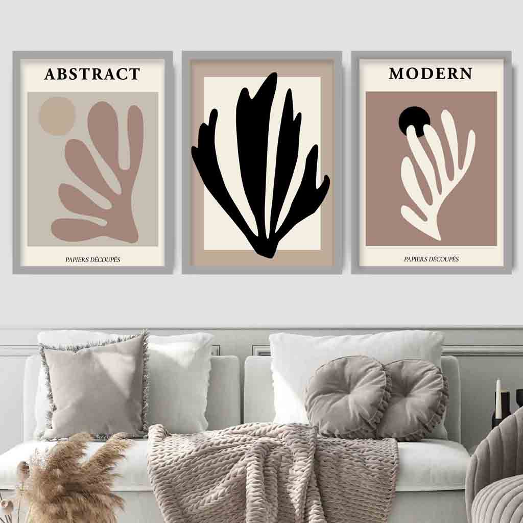 Abstrakt moderne veggkunstsett i Matisse-stil, svart, beige, sett med 3