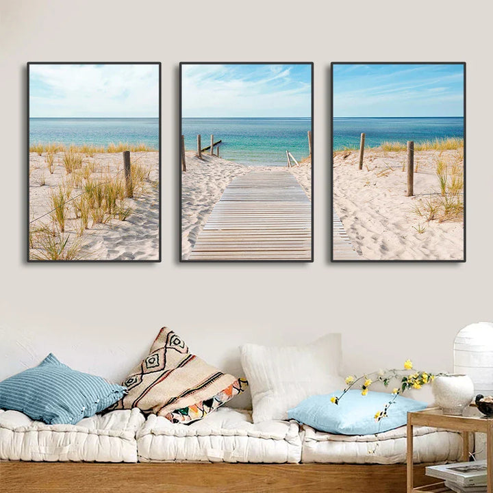 Sett med 3PCS Blått hav Sandete strand veggkunst Fine Art lerretsutskrift Inspirasjon Seascapes bilder av ro for stuen | Skanto