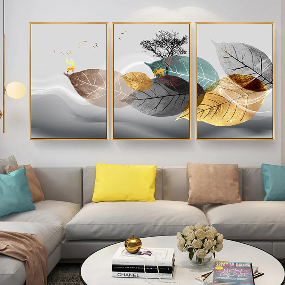 Sett av 3PCS Gylden Høst Hjort Vegkunst Fine Kunst Lærret Trykk Nordic Abstrakt Landskap Bilder For Stue Dekor | Skanto