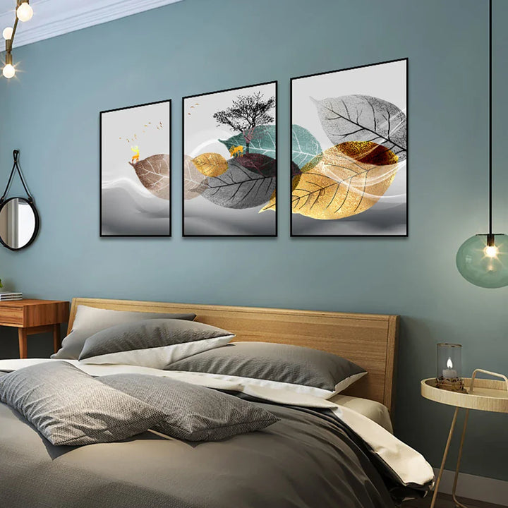 Sett av 3PCS Gylden Høst Hjort Vegkunst Fine Kunst Lærret Trykk Nordic Abstrakt Landskap Bilder For Stue Dekor | Skanto