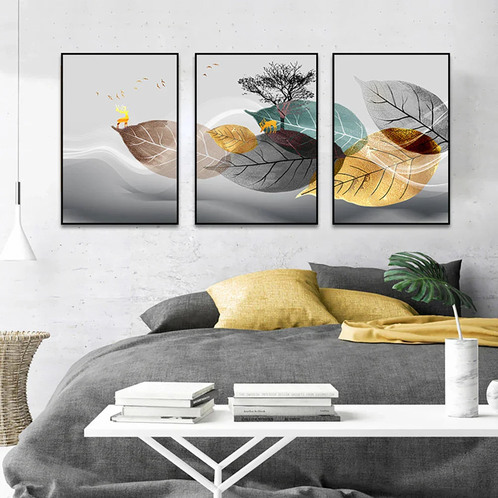 Sett av 3PCS Gylden Høst Hjort Vegkunst Fine Kunst Lærret Trykk Nordic Abstrakt Landskap Bilder For Stue Dekor | Skanto