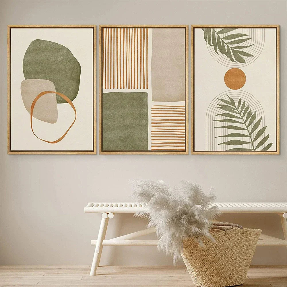 Set av 3PCS Nøytrale toner Tropisk Botanisk Abstrakt Veggkunst Fin Kunst Lerretstrykk Bilder For Stue Spisestue Skandinavisk Boliginnredning | Skanto