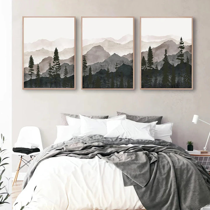 Set med 3PCS Shadow Mountain Silhouette Landskap veggkunst Fin kunst lerrettrykk Nordisk bilder for moderne stue Spisestue kunst dekor | Skanto